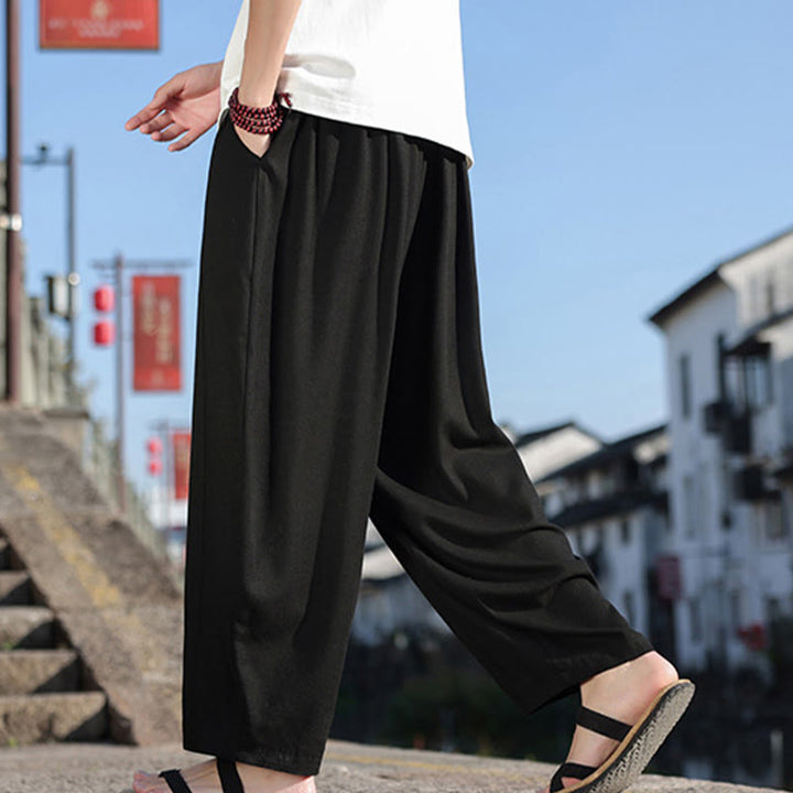 Buddha Stonesシンプル パッチワークデザイン ドローストリング ソフトコットン メンズ ワイドレッグパンツ ポケット付き - image 12