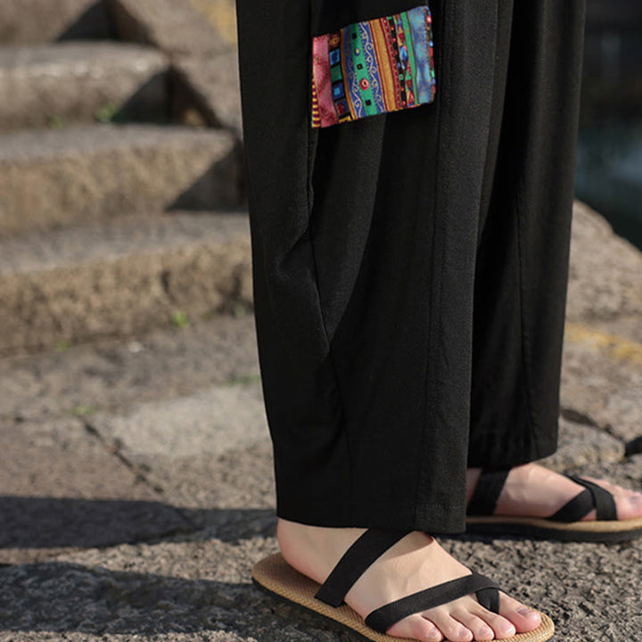 Buddha Stonesシンプル パッチワークデザイン ドローストリング ソフトコットン メンズ ワイドレッグパンツ ポケット付き - image 25