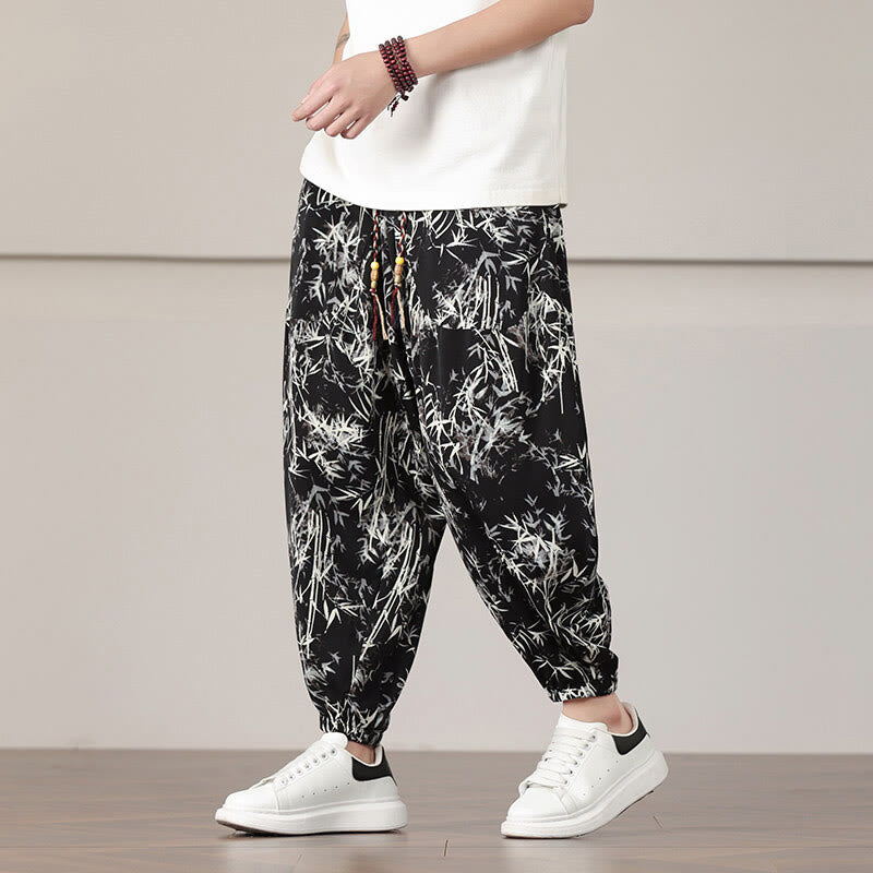 Buddha Stones竹の葉柄 ドローストリング メンズ ハーレムパンツ ポケット付き - 黒 - US/UK/AU46、 EU56 (5XL) - image 10