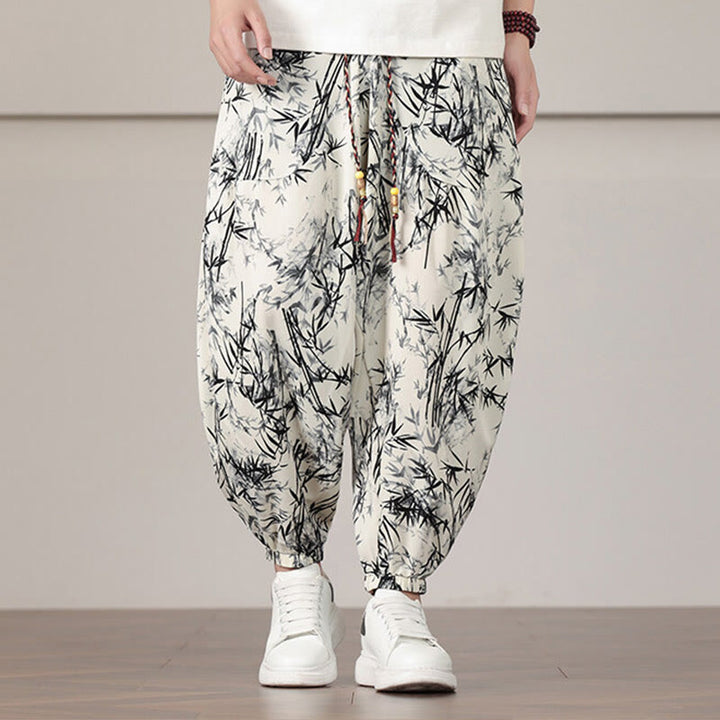 Buddha Stones竹の葉柄 ドローストリング メンズ ハーレムパンツ ポケット付き - ベージュ - US/UK/AU46、 EU56 (5XL) - image 0