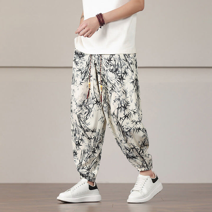 Buddha Stones竹の葉柄 ドローストリング メンズ ハーレムパンツ ポケット付き - image 1