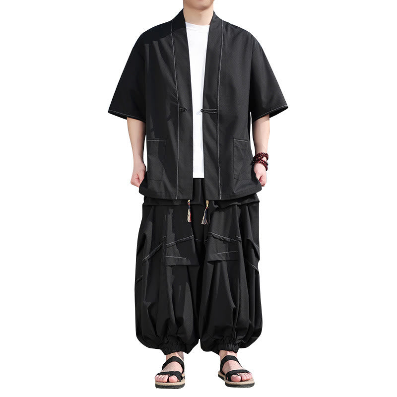 Buddha Stones 2点セット ブラック カエルボタン コットン メンズ 着物ジャケット ドローストリング ワイドレッグパンツ ポケット付き - image 5