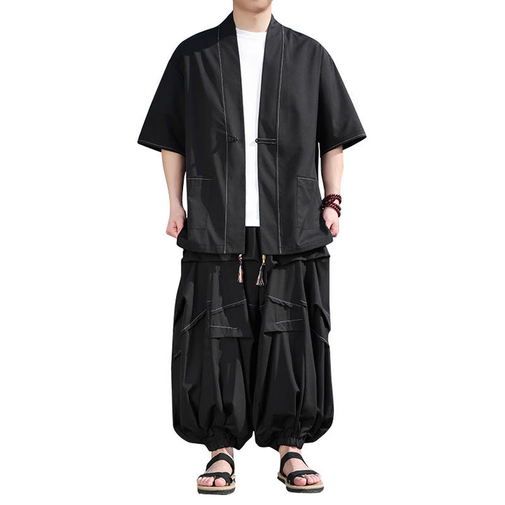 Buddha Stones 2点セット ブラック カエルボタン コットン メンズ 着物ジャケット ドローストリング ワイドレッグパンツ ポケット付き - image 5