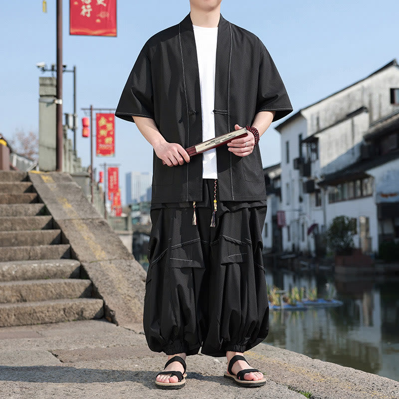 Buddha Stones 2点セット ブラック カエルボタン コットン メンズ 着物ジャケット ドローストリング ワイドレッグパンツ ポケット付き - image 4