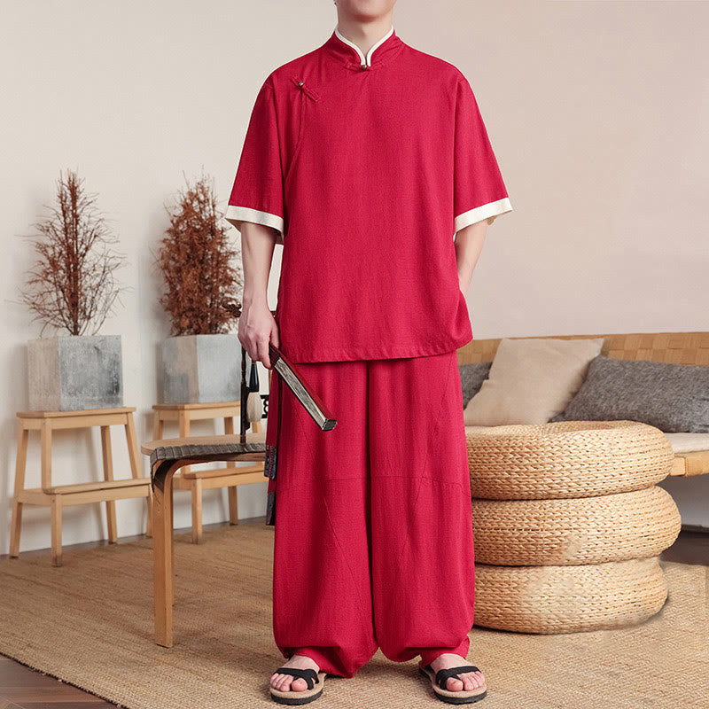 Buddha Stones2点セット 中国風カエルボタン メンズシャツ ワイドレッグパンツ 瞑想用布セット - image 8