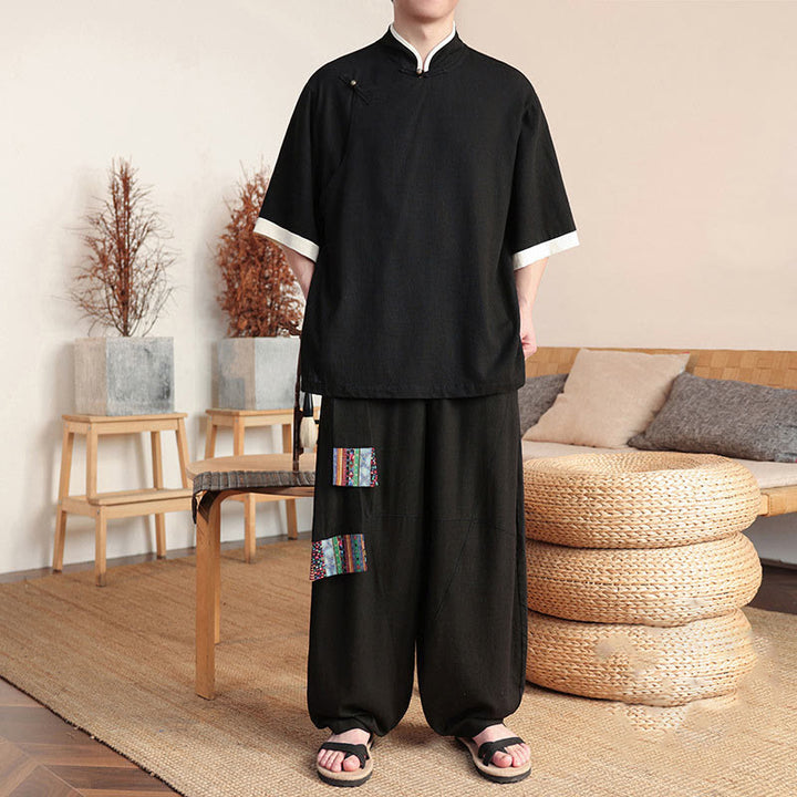 Buddha Stones2点セット 中国風カエルボタン メンズシャツ ワイドレッグパンツ 瞑想用布セット - 黒 - US/UK/AU46、 EU56 (5XL) - image 0