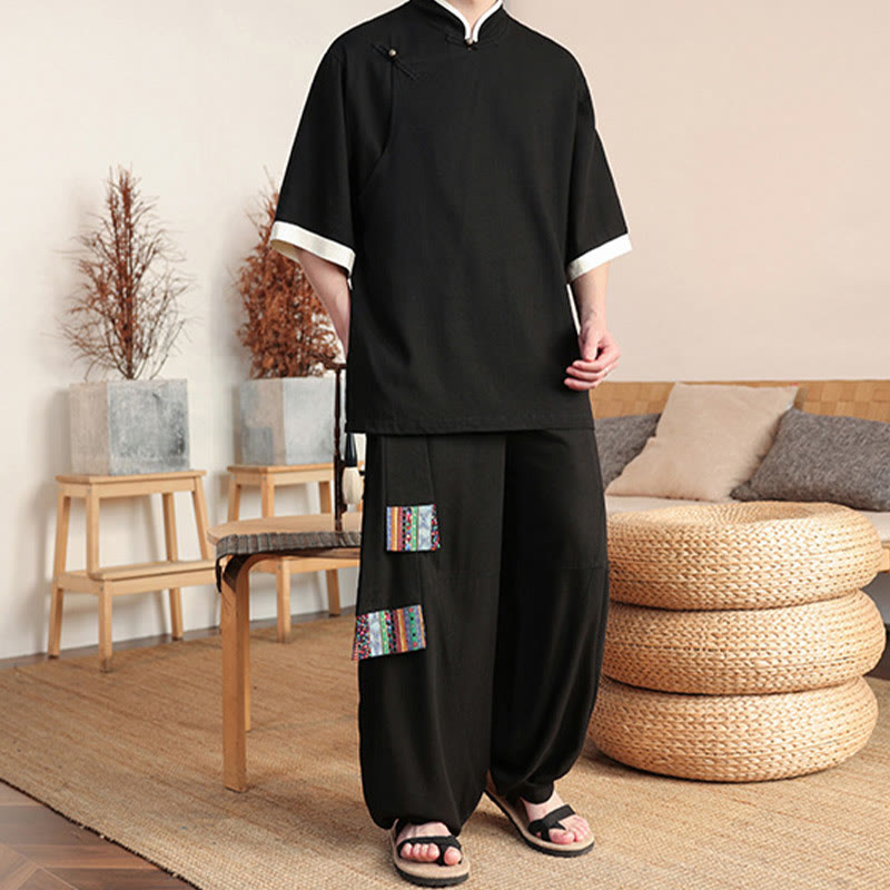 Buddha Stones2点セット 中国風カエルボタン メンズシャツ ワイドレッグパンツ 瞑想用布セット - image 1