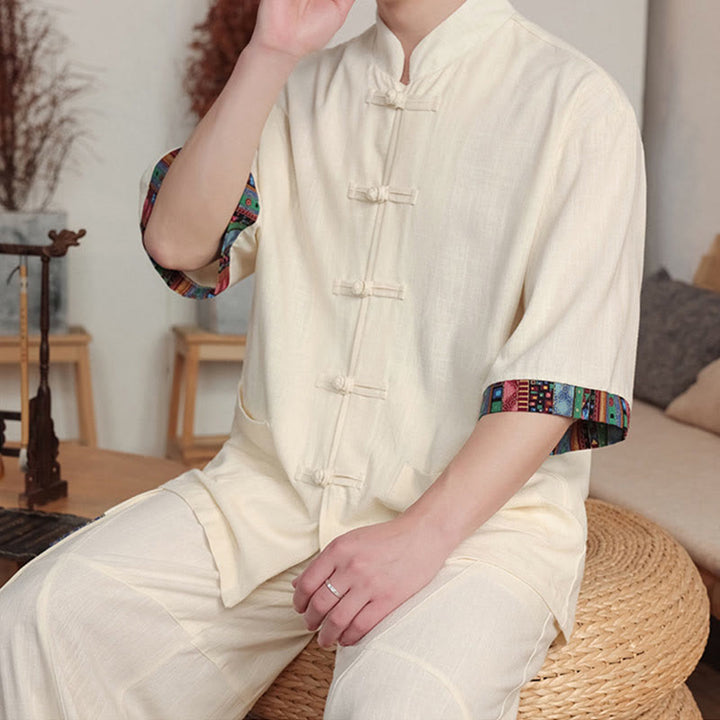 Buddha Stones 2点セット パッチワーク 中国風 カエルボタン シャツ ワイドレッグパンツ メンズ 瞑想用 ポケット付き - image 8