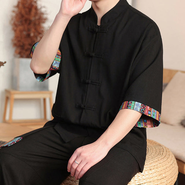 Buddha Stones 2点セット パッチワーク 中国風 カエルボタン シャツ ワイドレッグパンツ メンズ 瞑想用 ポケット付き - image 16