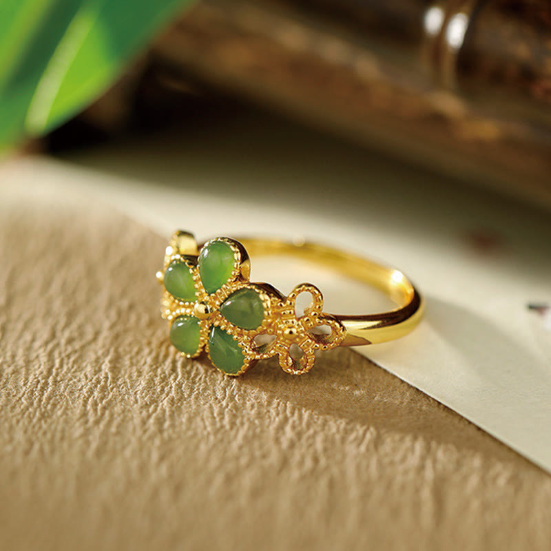 Buddha Stones天然和田翡翠925スターリングシルバーメッキゴールドフラワー調節可能繁栄リング - image 2