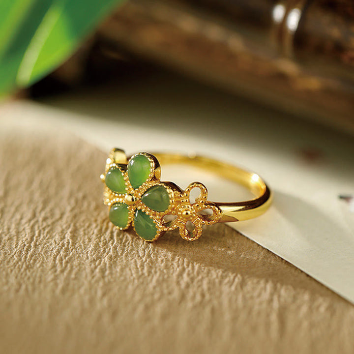 Buddha Stones天然和田翡翠925スターリングシルバーメッキゴールドフラワー調節可能繁栄リング - image 2