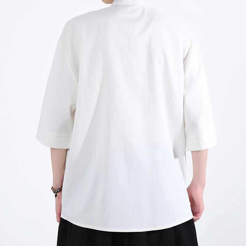 Buddha Stonesピュアカラー フロッグボタン 半袖 リネン メンズシャツ - image 2