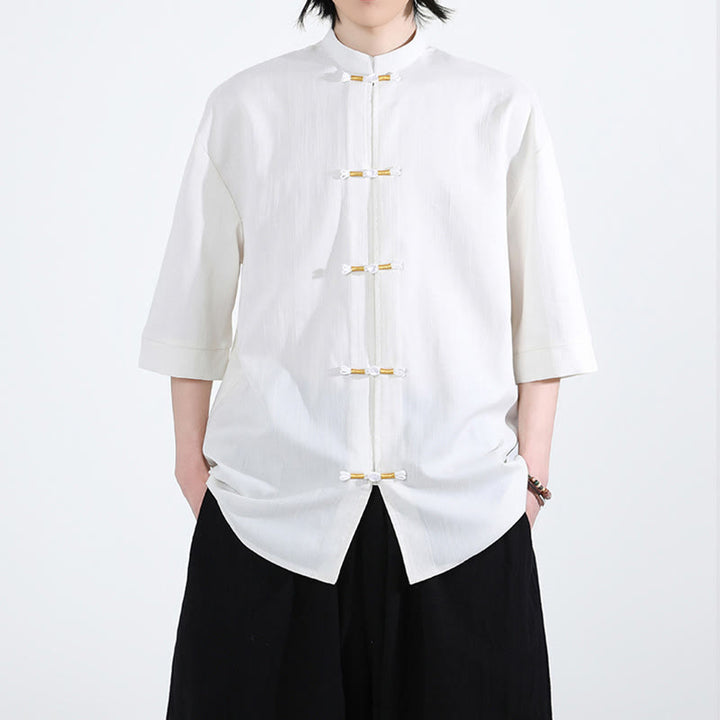 Buddha Stonesピュアカラー フロッグボタン 半袖 リネン メンズシャツ - 白 - US/UK/AU46、 EU56 (5XL) - image 0