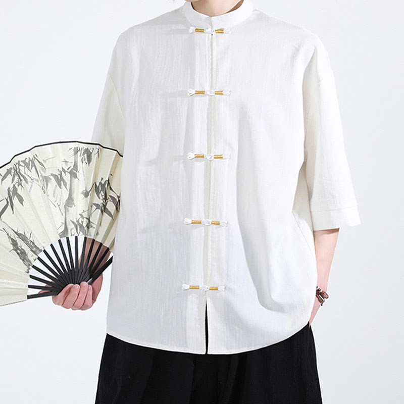 Buddha Stonesピュアカラー フロッグボタン 半袖 リネン メンズシャツ - image 1