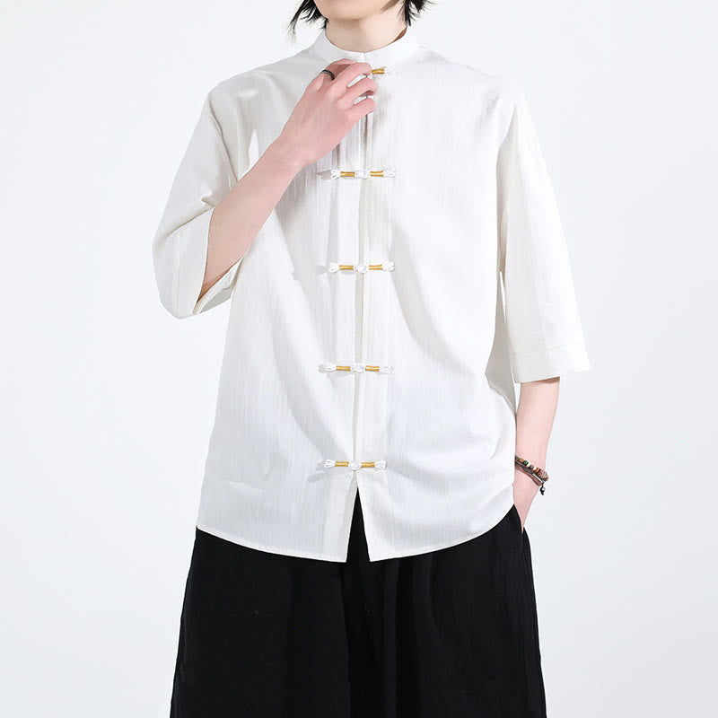 Buddha Stonesピュアカラー フロッグボタン 半袖 リネン メンズシャツ - image 6