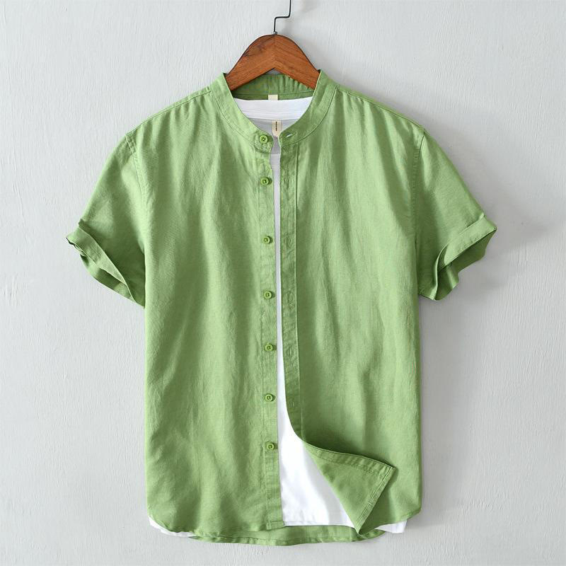 Buddha Stonesシンプルスタイル 半袖 ボタン コットンリネン メンズシャツ - スプリンググリーン - US/UK/AU44、 EU54 (4XL) - image 0