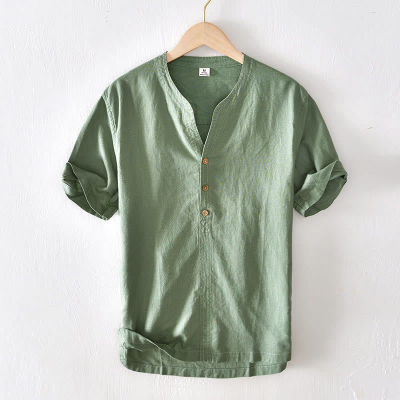 Buddha Stones夏用 スタンドカラー 半袖 コットンリネン ハーフボタン メンズシャツ - シーグリーン - US/UK/AU42、 EU52 (3XL) - image 0