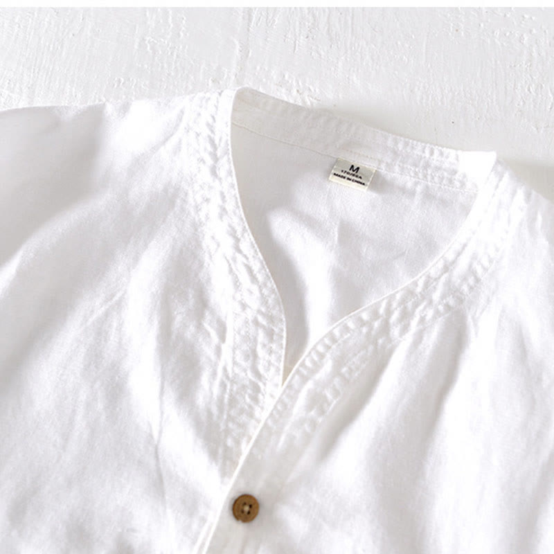 Buddha Stones夏 スタンドカラー 半袖 コットンリネン ハーフボタン メンズシャツ - image 8