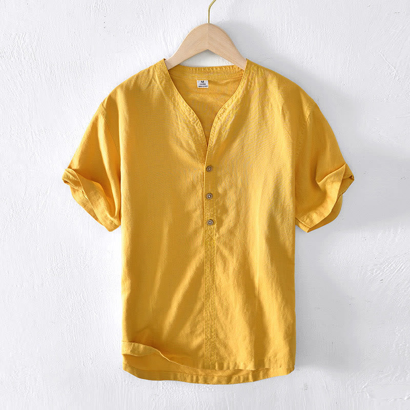 Buddha Stones夏用 スタンドカラー 半袖 コットンリネン ハーフボタン メンズシャツ - 金 - US/UK/AU42、 EU52 (3XL) - image 13
