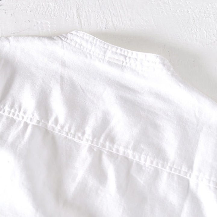 Buddha Stones夏 スタンドカラー 半袖 コットンリネン ハーフボタン メンズシャツ - image 9