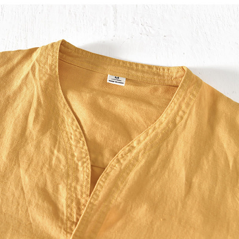 Buddha Stones夏 スタンドカラー 半袖 コットンリネン ハーフボタン メンズシャツ - image 14