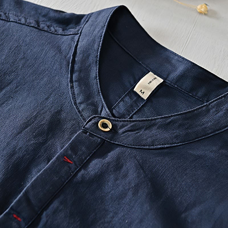 Buddha Stonesカジュアルシンプルデザイン半袖コットンリネンハーフボタンメンズシャツ - image 16