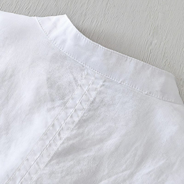 Buddha Stonesカジュアルシンプルデザイン半袖コットンリネンハーフボタンメンズシャツ - image 7