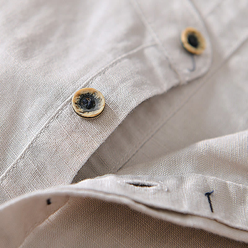 Buddha Stonesカジュアルシンプルデザイン半袖コットンリネンハーフボタンメンズシャツ - image 3