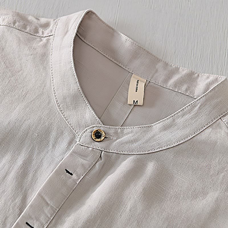 Buddha Stonesカジュアルシンプルデザイン半袖コットンリネンハーフボタンメンズシャツ - image 1