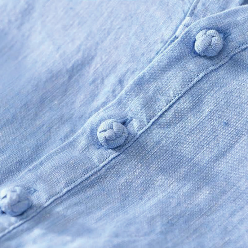 Buddha Stonesデイリー 無地 スタンドカラー 半袖 リネン ハーフボタン メンズシャツ - image 15