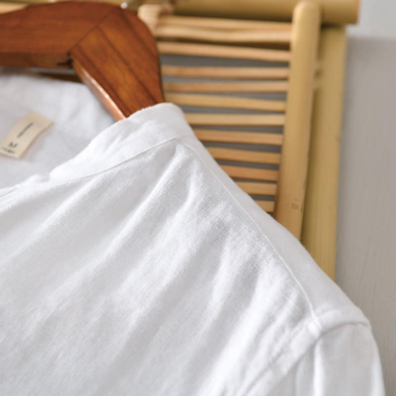 Buddha Stonesデイリー 無地 スタンドカラー 半袖 リネン ハーフボタン メンズシャツ - image 7