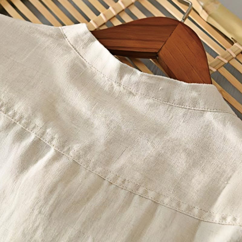 Buddha Stonesデイリー 無地 スタンドカラー 半袖 リネン ハーフボタン メンズシャツ - image 1