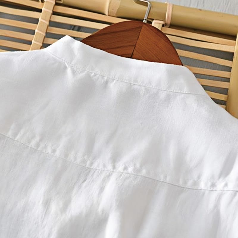 Buddha Stonesデイリー 無地 スタンドカラー 半袖 リネン ハーフボタン メンズシャツ - image 8