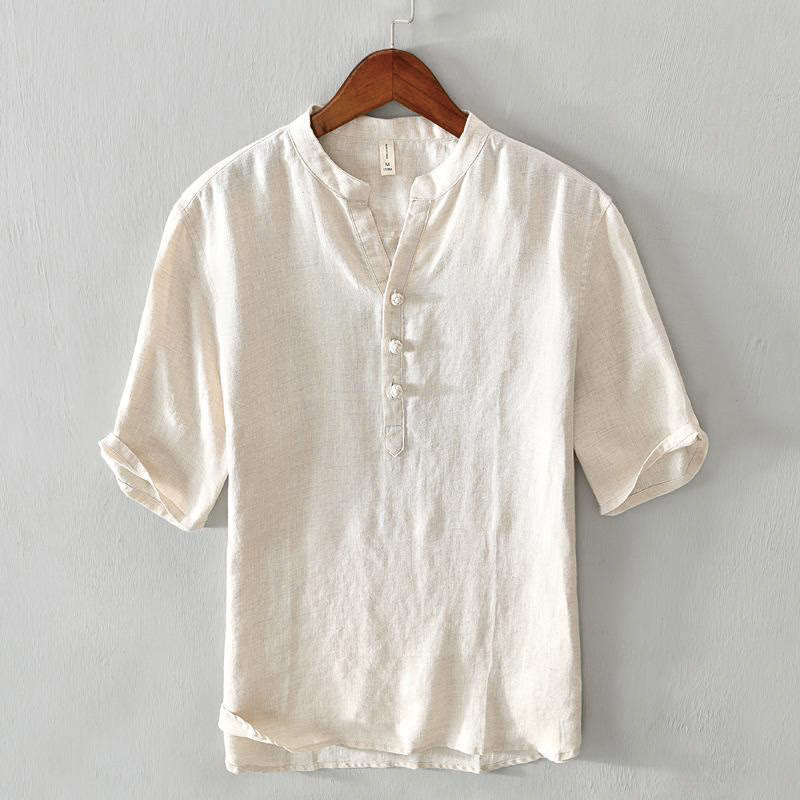 Buddha Stonesデイリー 無地 スタンドカラー 半袖 リネン ハーフボタン メンズシャツ - ライトイエロー - US/UK/AU42、 EU52 (3XL) - image 0