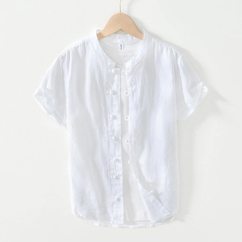 Buddha Stonesデイリーフロッグボタンスタンドカラー半袖リネンメンズシャツ - 白 - US/UK/AU42、 EU52 (3XL) - image 6