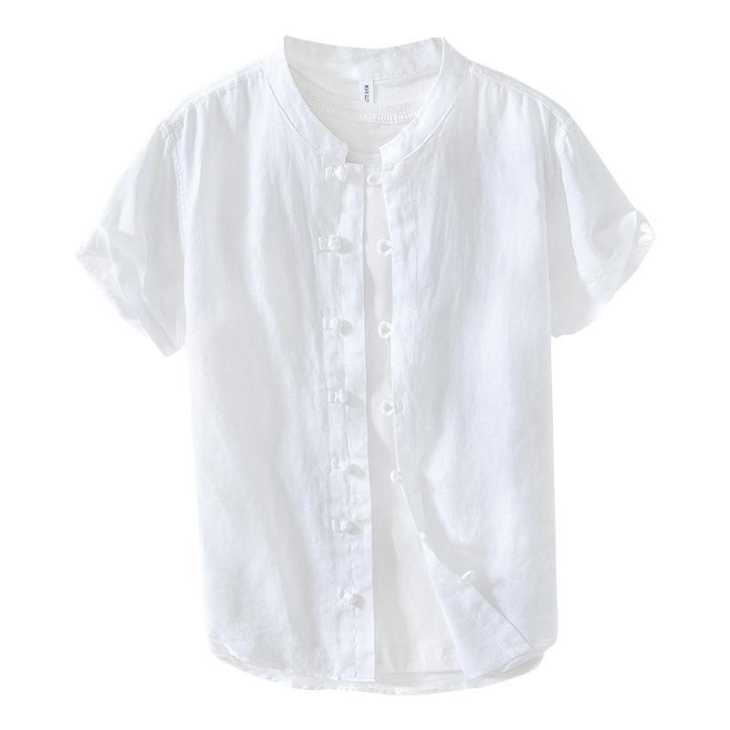 Buddha Stonesデイリーフロッグボタンスタンドカラー半袖リネンメンズシャツ - image 12