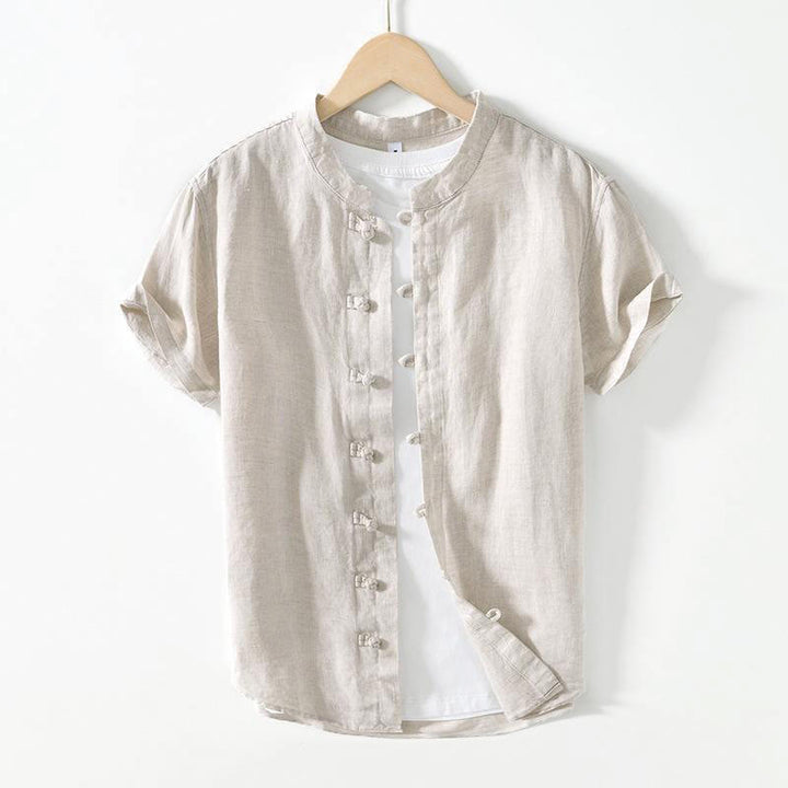 Buddha Stonesデイリーフロッグボタンスタンドカラー半袖リネンメンズシャツ - ライトグレー - US/UK/AU42、 EU52 (3XL) - image 13