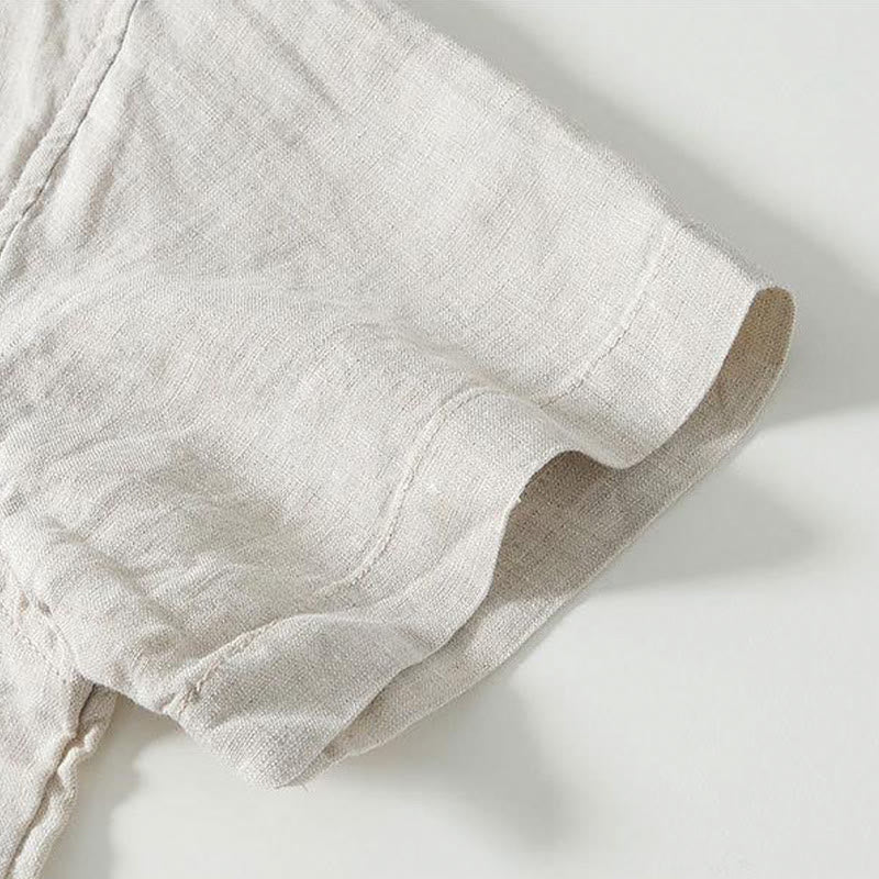 Buddha Stonesデイリーフロッグボタンスタンドカラー半袖リネンメンズシャツ - image 16