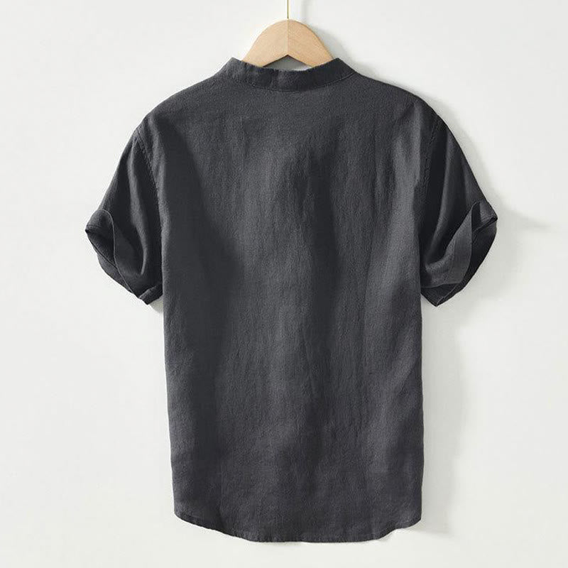 Buddha Stonesデイリーフロッグボタンスタンドカラー半袖リネンメンズシャツ - image 1