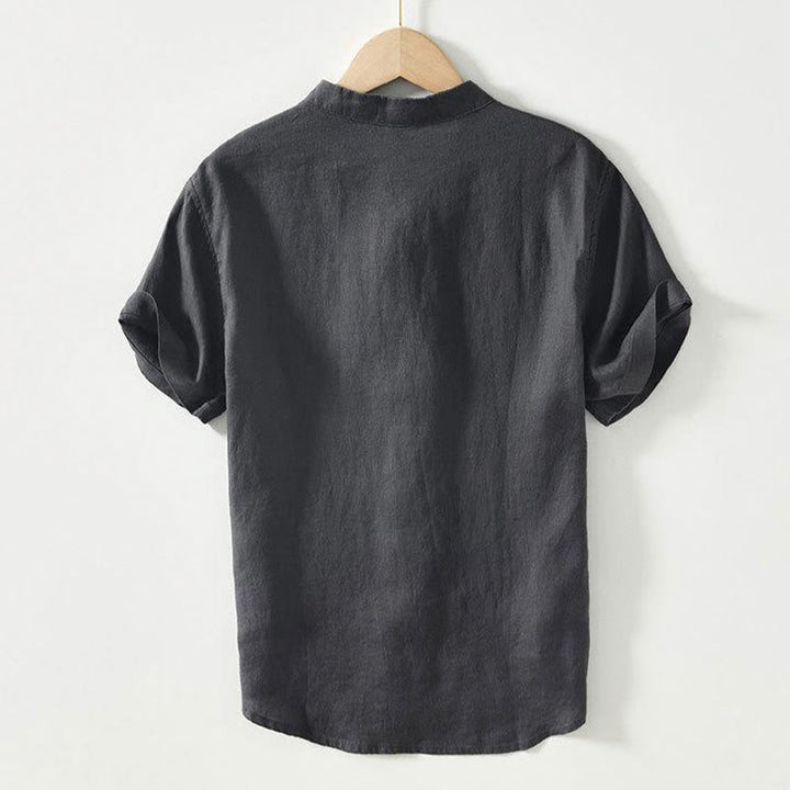 Buddha Stonesデイリーフロッグボタンスタンドカラー半袖リネンメンズシャツ - image 1