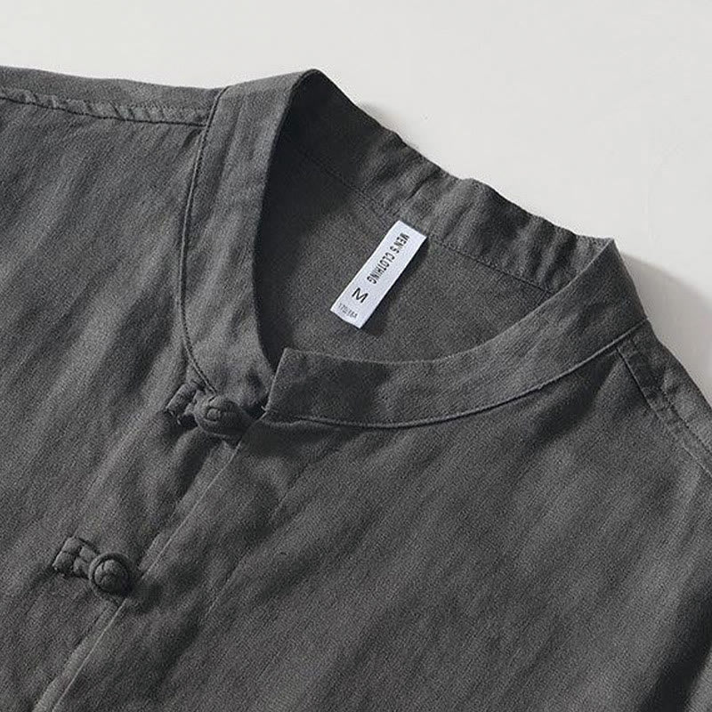 Buddha Stonesデイリーフロッグボタンスタンドカラー半袖リネンメンズシャツ - image 2