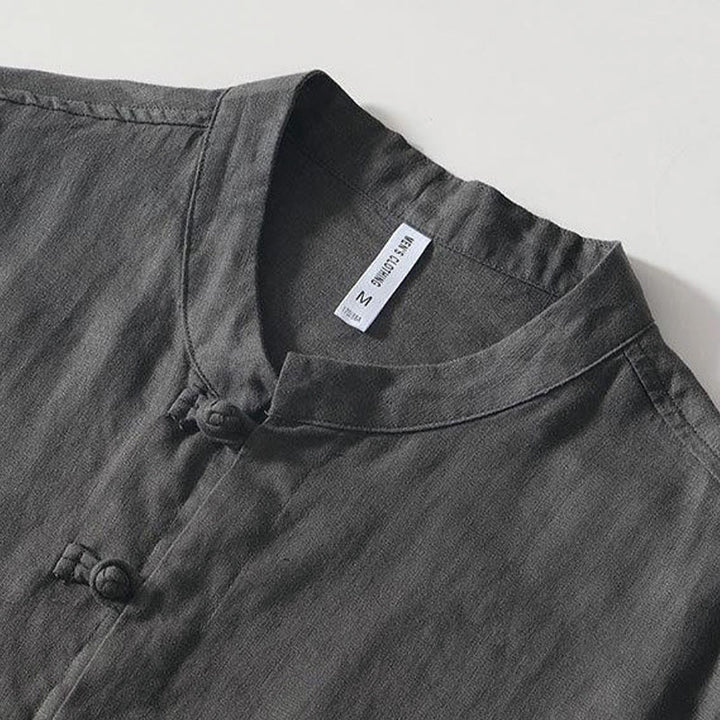 Buddha Stonesデイリーフロッグボタンスタンドカラー半袖リネンメンズシャツ - image 2