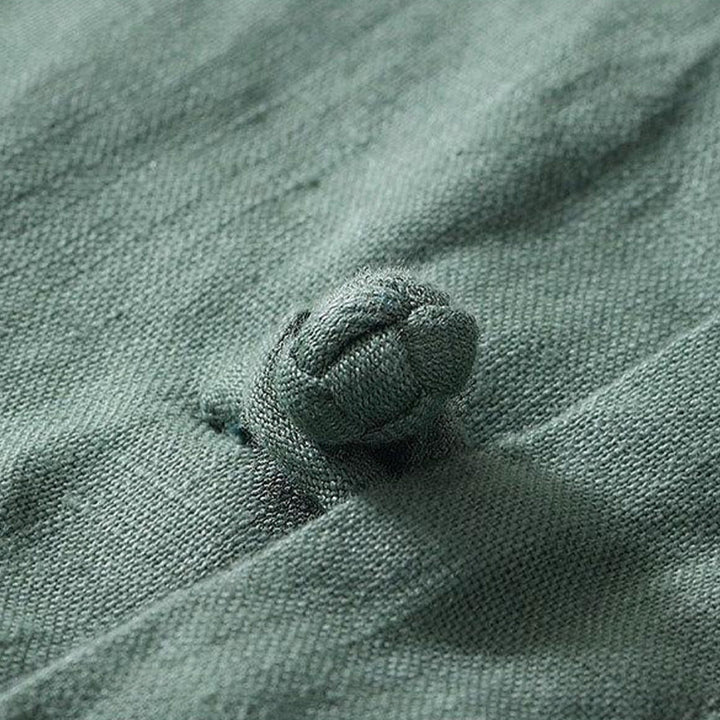 Buddha Stonesデイリーフロッグボタンスタンドカラー半袖リネンメンズシャツ - image 20