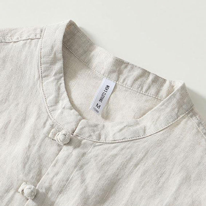 Buddha Stonesデイリーフロッグボタンスタンドカラー半袖リネンメンズシャツ - image 14