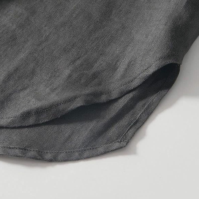 Buddha Stonesデイリーフロッグボタンスタンドカラー半袖リネンメンズシャツ - image 5