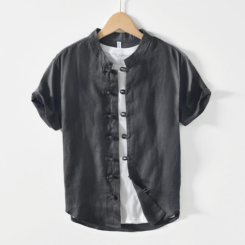 Buddha Stonesデイリーフロッグボタンスタンドカラー半袖リネンメンズシャツ - 薄暗い灰色 - US/UK/AU42、 EU52 (3XL) - image 0