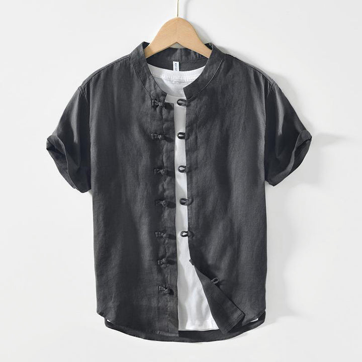 Buddha Stonesデイリーフロッグボタンスタンドカラー半袖リネンメンズシャツ - 薄暗い灰色 - US/UK/AU42、 EU52 (3XL) - image 0