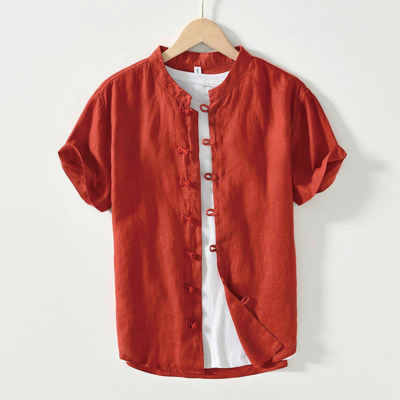Buddha Stonesデイリーフロッグボタンスタンドカラー半袖リネンメンズシャツ - 赤 - US/UK/AU42、 EU52 (3XL) - image 23
