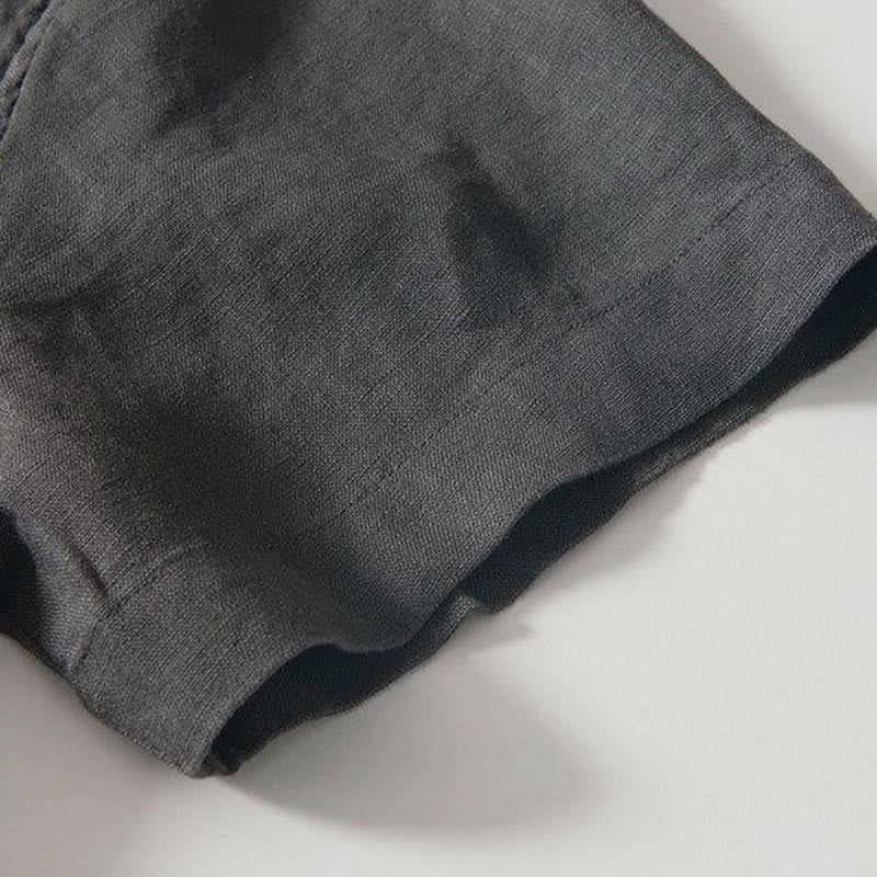 Buddha Stonesデイリーフロッグボタンスタンドカラー半袖リネンメンズシャツ - image 4