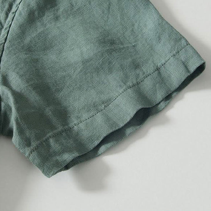 Buddha Stonesデイリーフロッグボタンスタンドカラー半袖リネンメンズシャツ - image 22